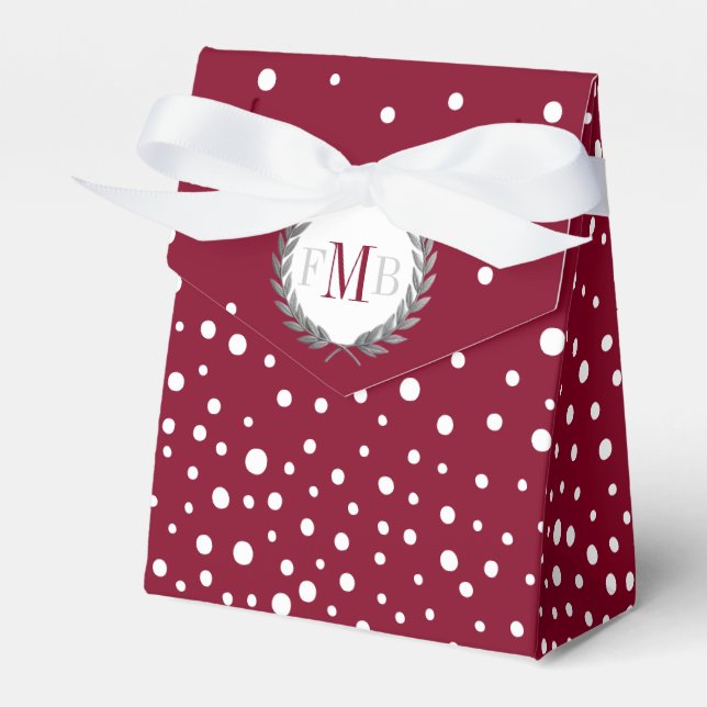 Burgundy and white polka dot pattern wedding fav favour box (Front Side)
