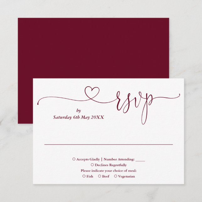 Burgundy And White Script Heart  RSVP Card (Front/Back)