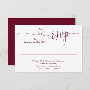 Burgundy And White Script Heart  RSVP Card