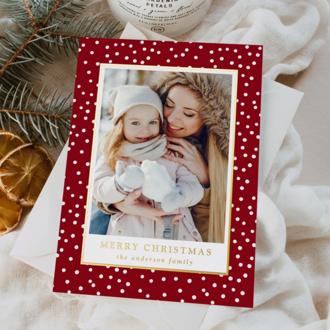 Burgundy and White Snowballs 2 Photo Foil Holiday Card (Creator Uploaded)