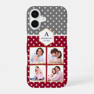 Burgundy and White Stars Pattern Photo Collage iPhone 16 Case