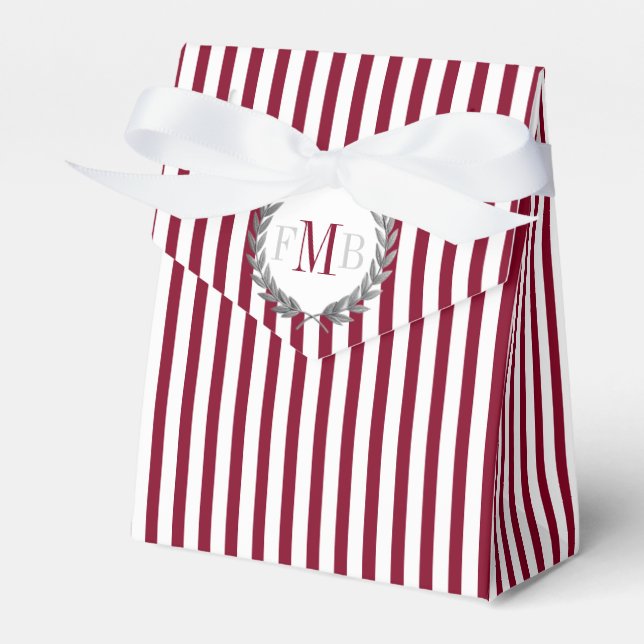 Burgundy and white stripes monogram wedding favour box (Front Side)