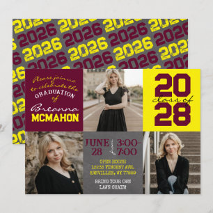 Burgundy and Yellow Chalkboard 3 Photo Graduation Invitation