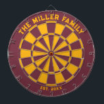 Burgundy and Yellow Family Dartboard with Darts<br><div class="desc">Burgundy and golden yellow dart board with two custom text areas. Great wedding gift!</div>