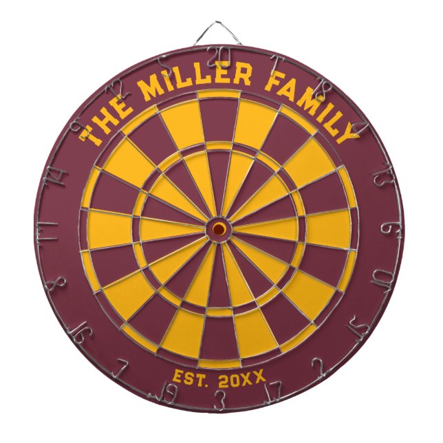 Burgundy and Yellow Family Dartboard with Darts (Front)
