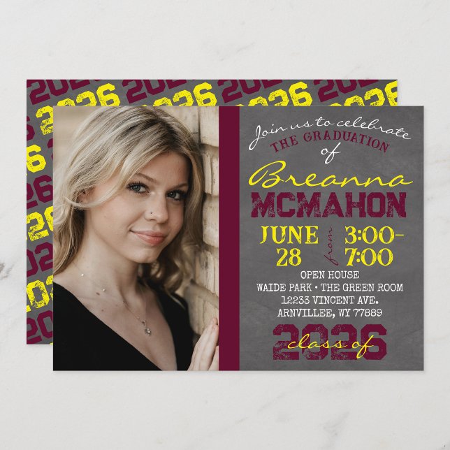 Burgundy and Yellow Modern Chalkboard Graduation Invitation (Repeating Class Year Chalkboard Graduation Photo Invitations)