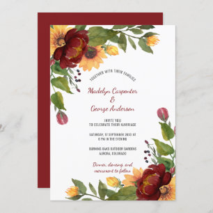 Burgundy and Yellow Peonies Sunflowers Wedding   Invitation