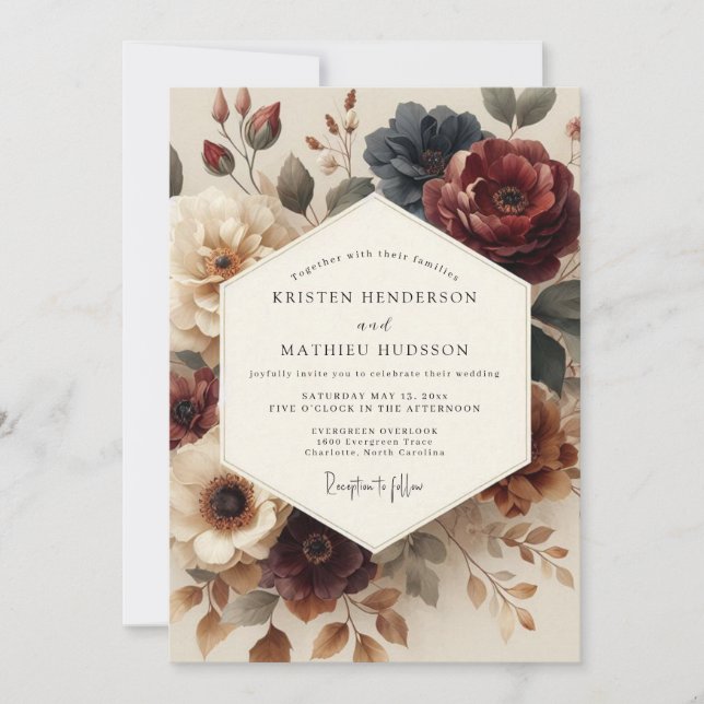 Burgundy Antique Bloom Wedding Invitation (Front)