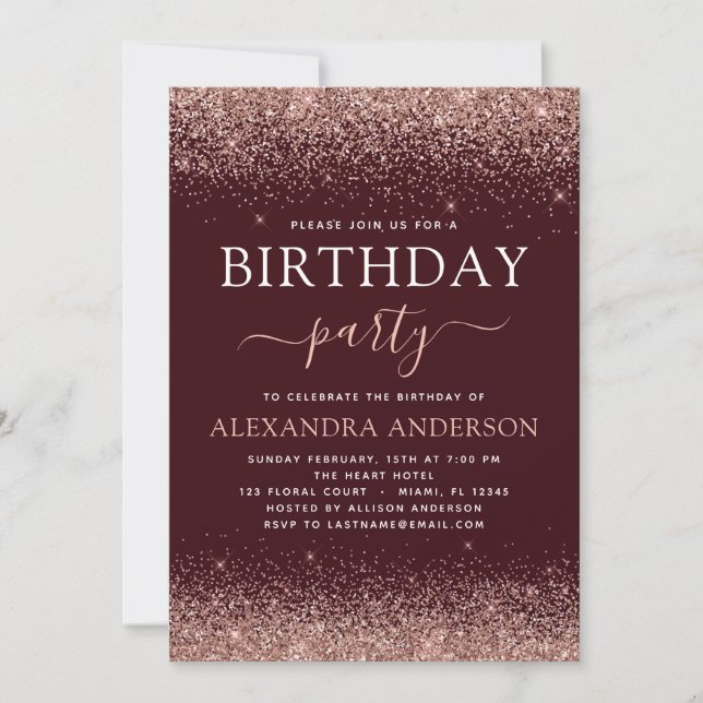 Burgundy Any Age Birthday Rose Gold Pink Glitter Invitation (Front)
