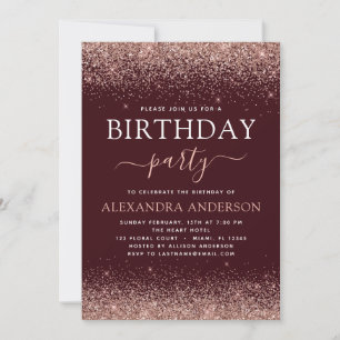 Burgundy Any Age Birthday Rose Gold Pink Glitter Invitation