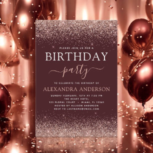 Burgundy Any Age Birthday Rose Gold Pink Glitter Invitation