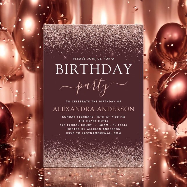 Burgundy Any Age Birthday Rose Gold Pink Glitter Invitation (Creator Uploaded)