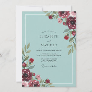 Burgundy Aqua Foliage Eucalyptus Wedding Invitation
