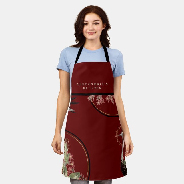 Burgundy Artistic Floral + Your Name Kitchen Apron (Worn)