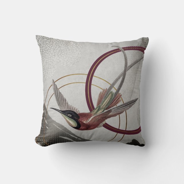 Burgundy Artistic Hummingbird Cushion (Front)