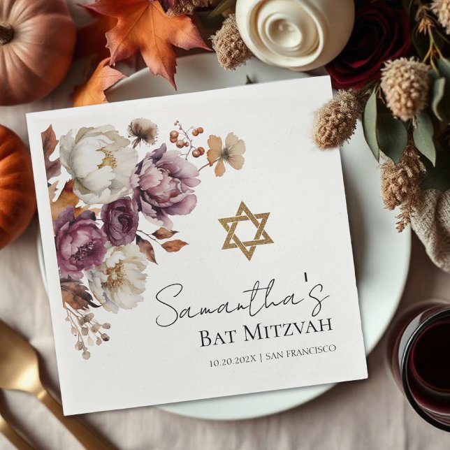 Burgundy Autumn Fall Floral Bat Mitzvah Napkin (Creator Uploaded)