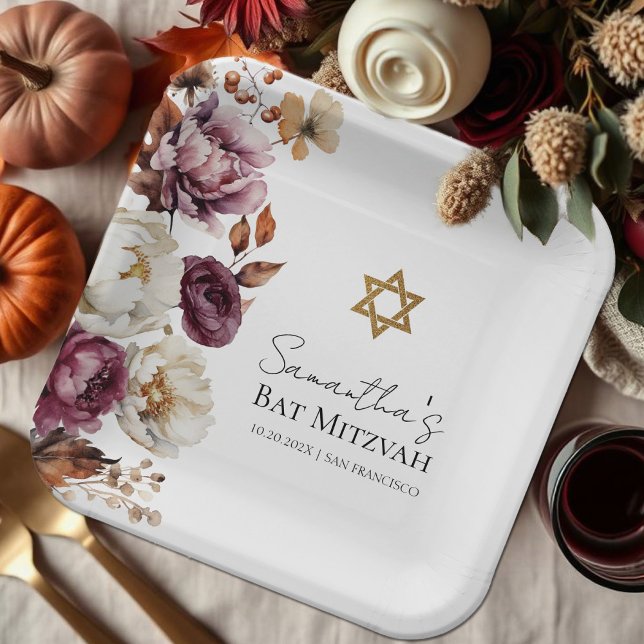 Burgundy Autumn Fall Floral Bat Mitzvah Paper Plate (Creator Uploaded)