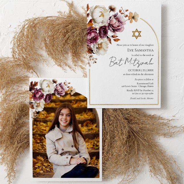 Burgundy Autumn Fall Floral Bat Mitzvah Photo Invitation (Creator Uploaded)