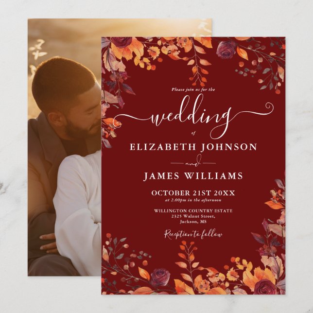 Burgundy Autumn Fall Floral Photo Wedding Invitation (Front/Back)