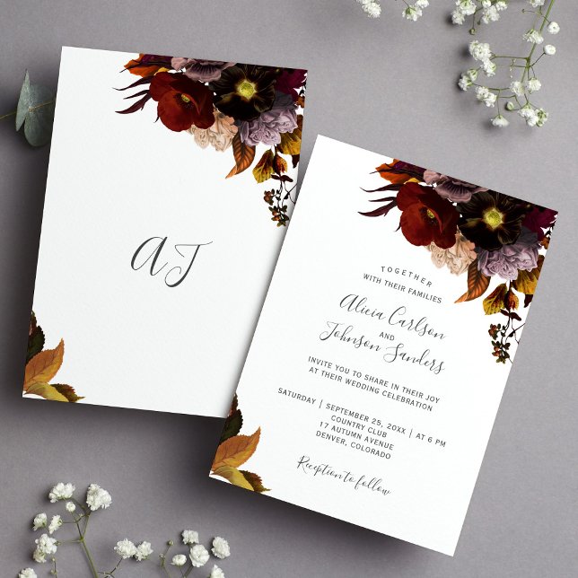 Burgundy autumn fall floral rustic wedding invitation (Creator Uploaded)