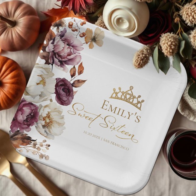 Burgundy Autumn Fall Floral Sweet 16 Paper Plate (Creator Uploaded)