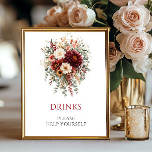 Burgundy Autumn Floral Drinks 8x10 Wedding Sign