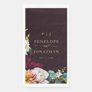 Burgundy Autumn Floral Gold Monogram Wedding Napkin