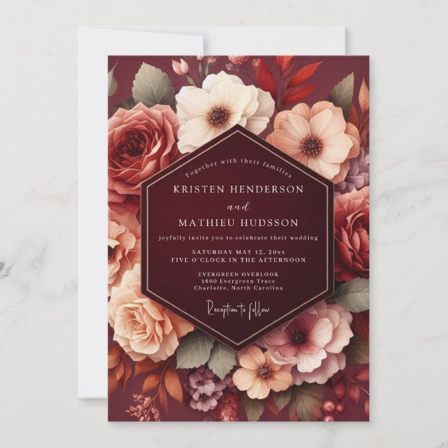 Burgundy Autumn Floral Romance Wedding Invitation (Front)
