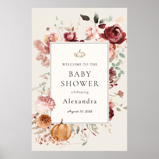 Burgundy Autumn Florals Baby Shower Welcome Poster (Front)
