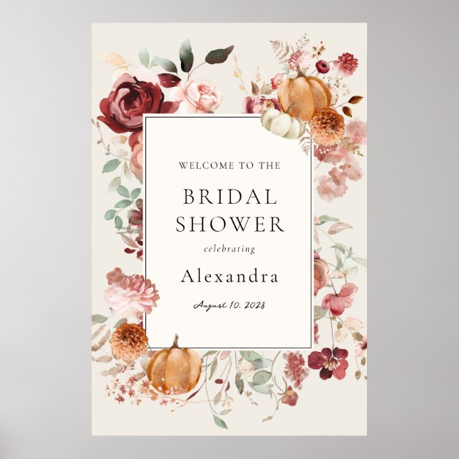 Burgundy Autumn Florals Bridal Shower Welcome Poster (Front)