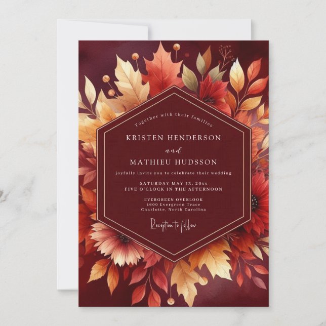 Burgundy Autumn Foliage Wedding Invitation (Front)