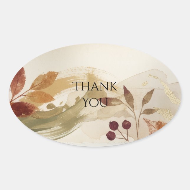 Burgundy Autumn Leaves Thank You Oval Sticker (Front)
