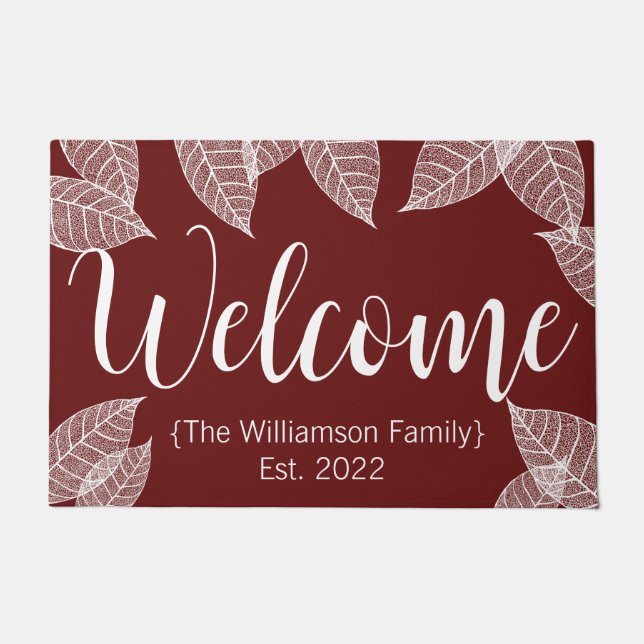 Burgundy Autumn Leaves Welcome Script Doormat (Front)