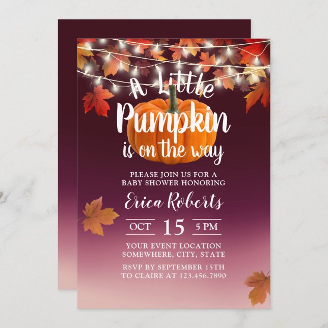 Burgundy Autumn Little Pumpkin Baby Shower Invitation (Front/Back)
