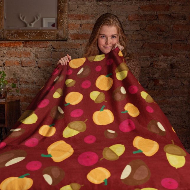Burgundy Autumn Pumpkin Berries Chestnut Pattern Fleece Blanket (Creator Uploaded)