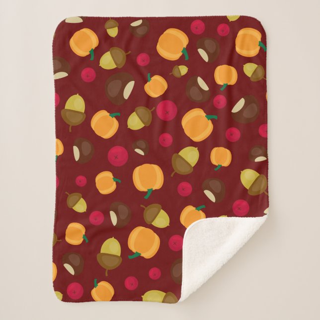 Burgundy Autumn Pumpkin Berries Chestnut Pattern Sherpa Blanket (Front)