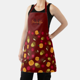 Burgundy Autumn Pumpkin Berries Pattern Monogram Apron