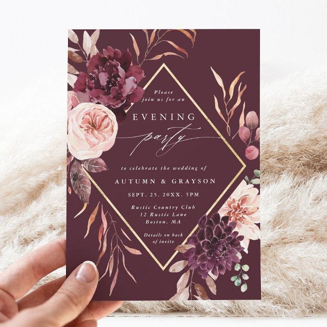 Burgundy Autumn Romance Wedding Evening Party Invitation (Creator Uploaded)
