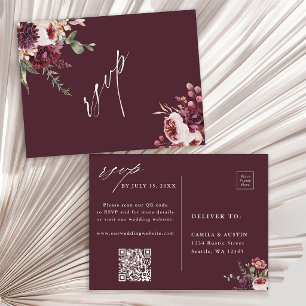 Burgundy Autumn Romance Wedding QR Code RSVP Postcard