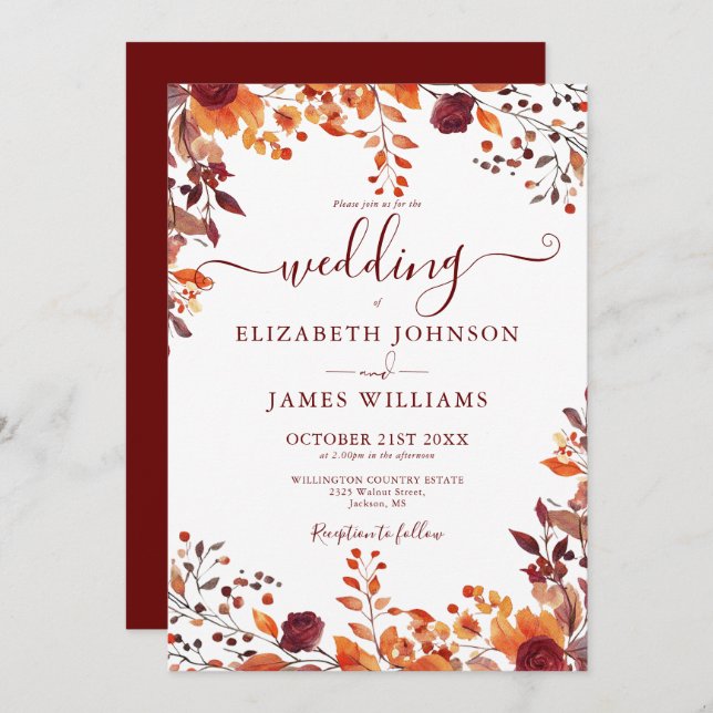 Burgundy Autumn Rustic Floral Leaves Wedding Invitation (Front/Back)