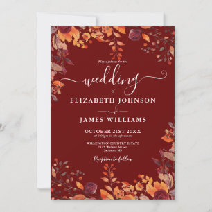 Burgundy Autumn Rustic Floral Leaves Wedding Invitation