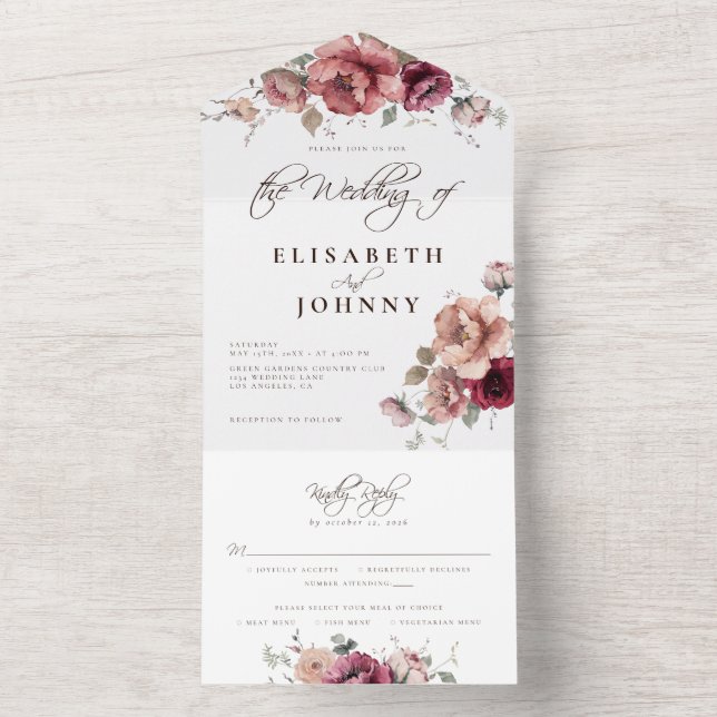Burgundy Autumn Rustic Floral Wedding Details RSVP All In One Invitation (Inside)