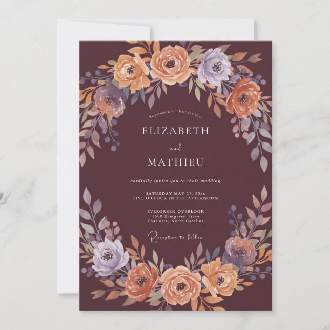Burgundy Autumnal Blossom Wedding Invitation (Front)