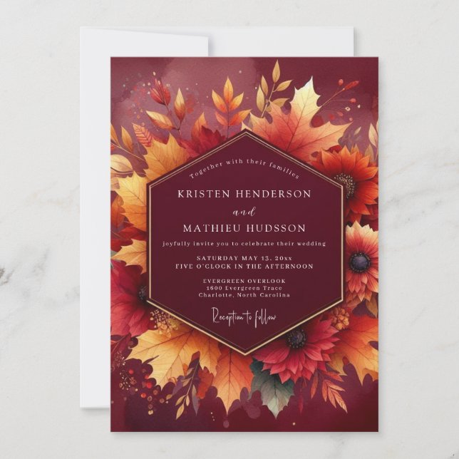Burgundy Autumnal Foliage Romance Wedding Invitation (Front)