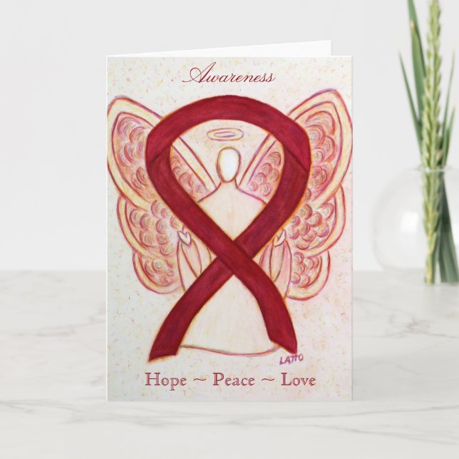 Burgundy Awareness Ribbon Angel Greeting Card (Front)