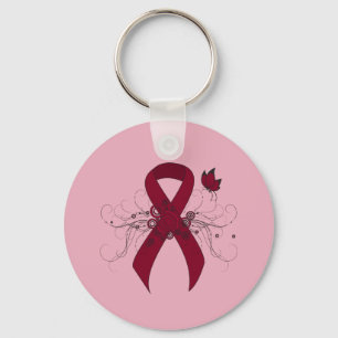 Burgundy Awareness Ribbon with Butterfly Key Ring