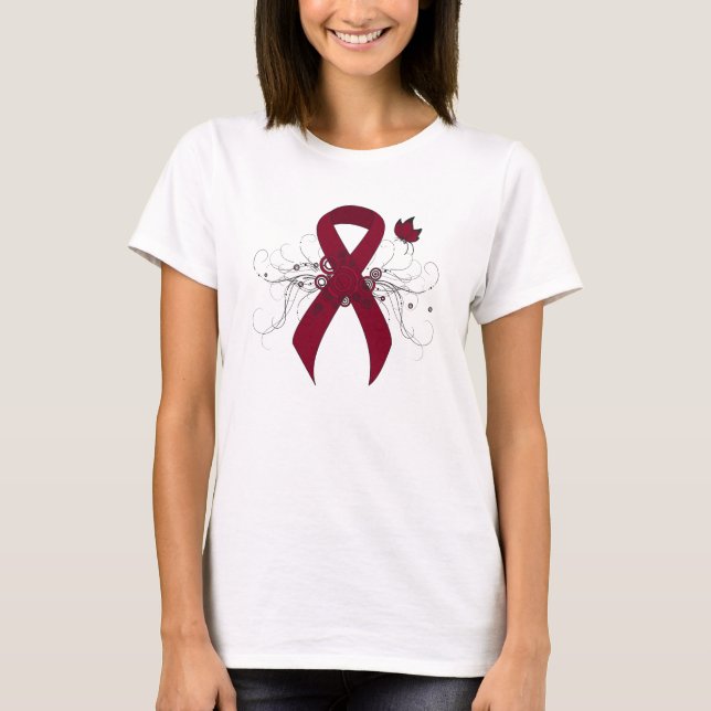 Burgundy Awareness Ribbon with Butterfly T-Shirt (Front)