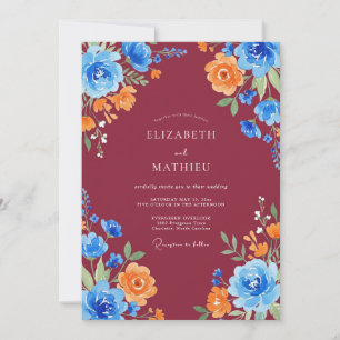 Burgundy Azure Orange Painted Wedding Invitation
