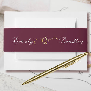 Burgundy Background White Script Gold Ampersand Invitation Belly Band