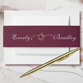 Burgundy Background White Script Gold Ampersand  Invitation Belly Band